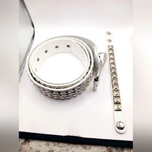 Gothic Studded Vegan  White Leather Belt + Studded Bracelet Unisex